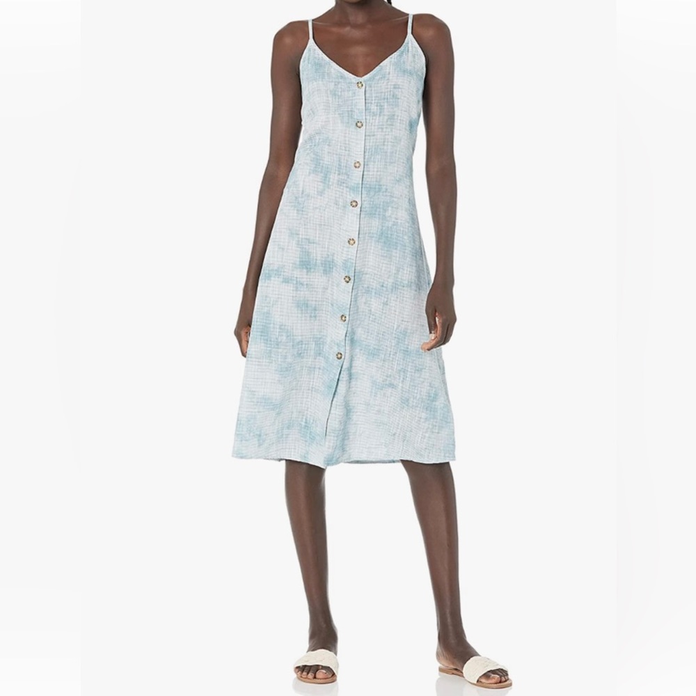 Roxy Slip Dress Cotton Midi Wild Ties Blue and White Button Front Women’s Small